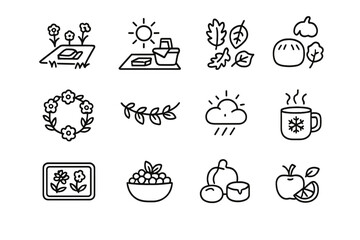 Fototapeta premium Seasonal Picnic Icons. Outline icon set of seasonal picnic scenes: spring meadow, summer sun, autumn leaves,