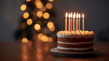 A small layered birthday cake with cream frosting and striped candles lit on top, placed on a wooden table. Warm golden bokeh lights glowing softly in the blurred background
