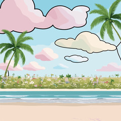 Vector Illustration of Tropical Beach with Palm Trees, Ocean, Sandy Shore, and Cloud-Filled Sky