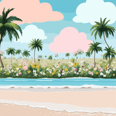 Obraz premium Pastel Tropical Beach Illustration with Palm Trees, Wildflowers, and Soft Clouds