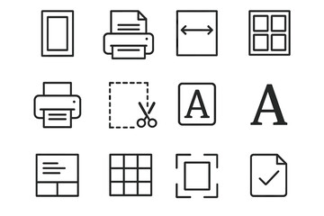 Label Design Icon Set. Outline icon set of printable label design: label layout, paper feed, label dimensions,