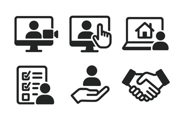 Business and technology icons for communication, selection, real estate, tasks, support, and agreement