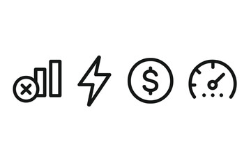 Financial data, energy, currency, and performance metrics icons on white background