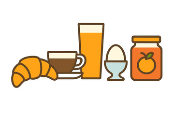 Assorted healthy breakfast items with coffee and juice, flat design