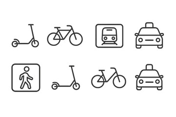 Urban transportation and pedestrian symbols including scooters, bicycles, trains, taxis, and walking figures