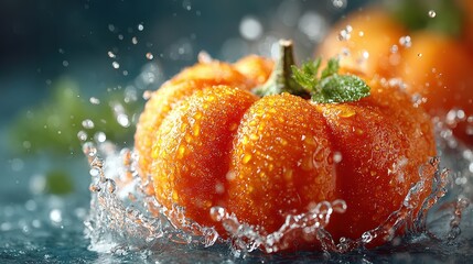 Fresh Orange Pumpkin with Water Droplets and Splash on Dark Background