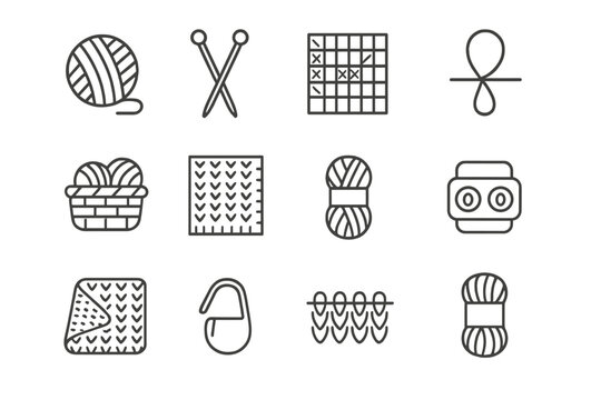Handmade Knitwear Icons. Outline icon set of handmade knitwear: ball of yarn, knitting needles, pattern chart,