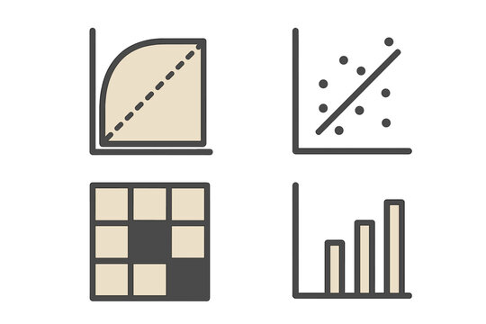Four data visualization charts and graphs: scatter plot, bar chart, matrix, and curve graph