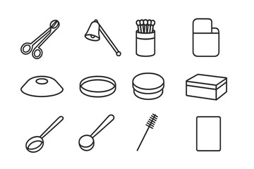 Candle Accessory Icons. Outline icon set of candle accessories: wick trimmer, snuffer bell, match holder,
