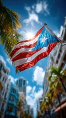 Waving Puerto Rican Flag Against a Sunny Blue Sky in San Juan
