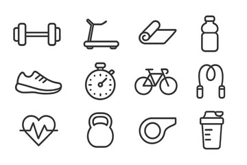 Hybrid Fitness Icons. Outline icon set of hybrid fitness icons: dumbbell, treadmill, yoga mat, water bottle,