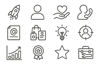 Solo Entrepreneur Icons. Outline icon set of solo entrepreneur journey: launch rocket, personal brand, value