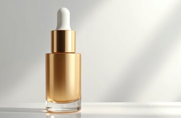Naklejka premium Luxury gold dropper bottle with white top, holding cosmetic serum, foundation. Infused with Vitamin C, peptides, botanicals, hyaluronic acid for skin care. Elegant luxury product for beauty routine.