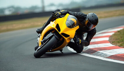 Motorcyclist in black gear leans into sharp turn on yellow sports motorcycle on race track. Dynamic action captures speed, adrenalin. Rider tilts bike, executing precise cornering maneuver on asphalt.