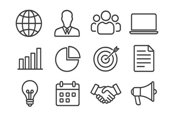 International Marketing Icons. Outline icon set of international marketing team leadership: globe, manager
