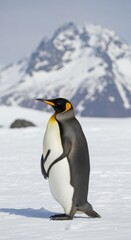 Fototapeta premium Elegant Emperor: Majestic penguin stands amidst snowcapped mountain scenery