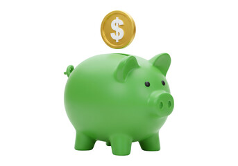 Green Piggy Bank With Golden Coin Symbolizing Savings and Financial Growth on Transparent