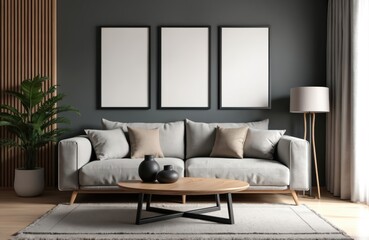Modern living room featuring a light gray sofa, coffee table, and floor lamp. Three empty frames on the wall await abstract art. Natural light from window illuminates indoor plant. Open space design.