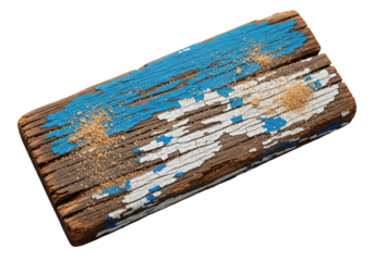 A weathered, rough-cut dark brown wooden plank with coarse texture, peeling blue and white paint, and fine sawdust, on a seamless transparent background. Concept of aged material texture