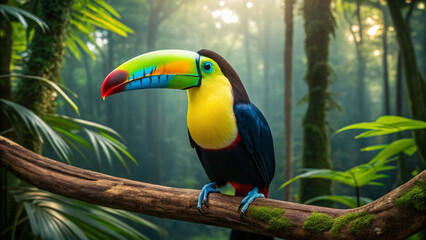 Obraz premium Colorful Toucan Perched on a Mossy Branch in a Sunlit Rainforest bird wildlife