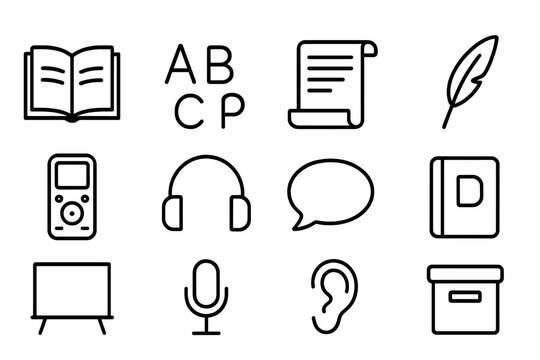 Language Preservation Icons. Outline icon set of language preservation: open book, alphabet letters, scroll,
