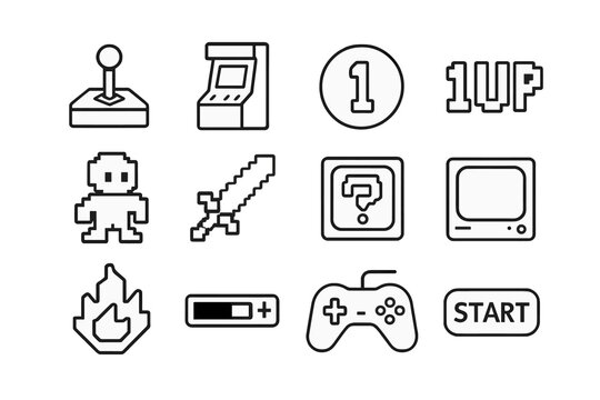 Retro Gaming Icons. Outline icon set of retro video games: pixel joystick, arcade machine, game coin, 1UP icon