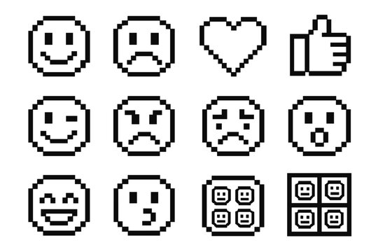 Pixel Emoji Icon Set. Outline icon set of pixel-based emojis: smiley pixel, sad face, pixel heart, pixel