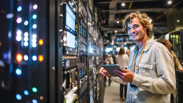 Young man working in a big data center adjusts server while holding a tablet. Concept of modern technology, IT infrastructure, cloud computing, and innovation.