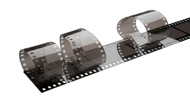 Unraveled 35mm translucent celluloid film strip with precise rectangular sprocket holes, on a seamless transparent background with bright studio lighting. Concept of technical detail and clarity