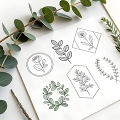 Delicate USA company logo icon set, outlined in monochrome contour line drawings. Features botanical eucalyptus branches with round leaves arranged in geometric logo frames. Minimal hand-drawn illustr