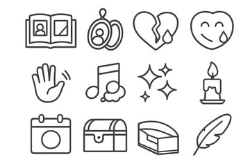 Bittersweet Memory Icons. Outline icon set of bittersweet memories: open photo book, locket icon, heart with