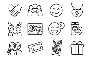 Friendship Farewell Icons. Outline icon set of friendship farewells: holding hands, group hug, smile with tear