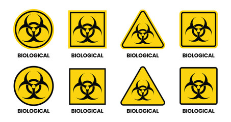 Obraz premium Danger signs vector set. Radiation sign, Biohazard sign, Toxic sign. vector illustration isolated on white background. Biohazard icon. Warning sign of virus.