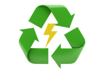 Obraz premium Green Recycle Symbol With Yellow Lightning Bolt Against Transparent Background