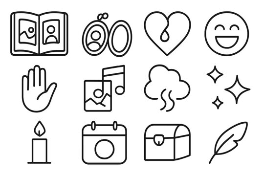 Bittersweet Memory Icons. Outline icon set of bittersweet memories: open photo book, locket icon, heart with