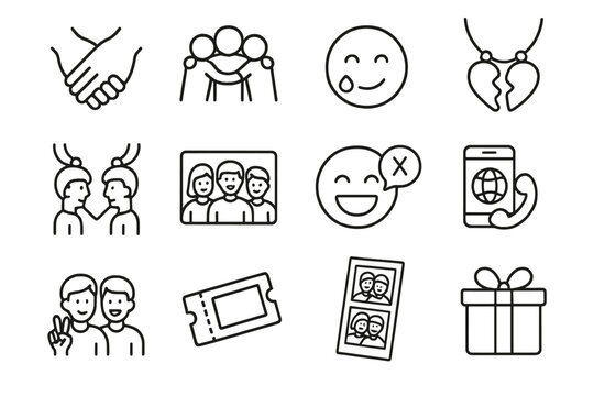 Friendship Farewell Icons. Outline icon set of friendship farewells: holding hands, group hug, smile with tear