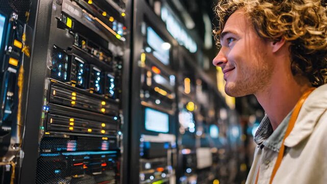 Man working in a big data center adjusts server while holding a tablet. Modern technology concept with cloud computing, IT infrastructure and network management.