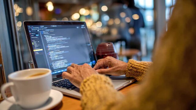 Close-up of a woman&rsquo;s hands typing code on a laptop in a cafe, with a coffee cup on the table. Remote work, programming, coding, and digital lifestyle concept.