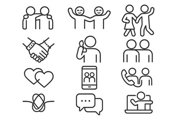 Friendship Icon Set. Outline icon set of friendship and connection: linked arms, shared joy, partner dance,