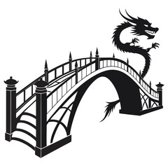 Ancient bridge with dragon carvings silhouette