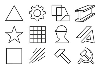 Constructivist Icon Grid. Outline icon set of Constructivism: red triangle, industrial gear, abstract layout,