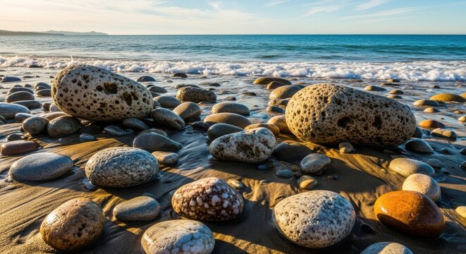 Pebble beach at sunset presents a diverse collection of weathered stones - Powered by Adobe
