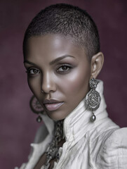 Elegant portrait of an African-American model with short hair, large earrings and expressive gaze.