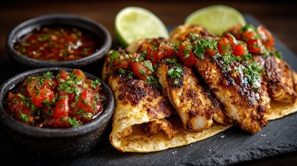 Delicious Grilled Fish Tacos with Salsa and Lime on Slate Board