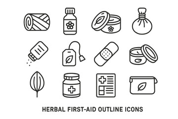 Herbal First Aid Icons. Outline icon set of herbal first aid kit: poultice wrap, arnica bottle, calendula
