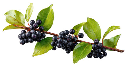A branch of ripe black berries with glistening leaves, isolated on a transparent background. background removed