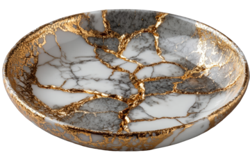 Kintsugi bowl with gold repair on marble pattern, a japanese art form celebrating imperfection and beauty isolated on transparent background