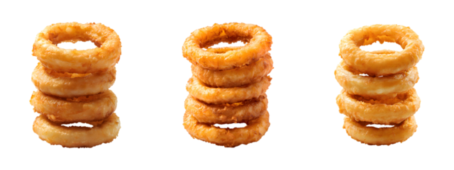Stack of crispy golden fried onion rings isolated on transparent background, cut out