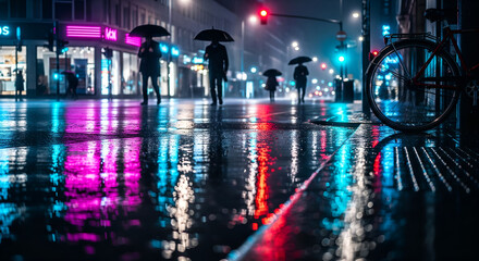 Obraz premium Rainy Night City Street Glistening with Neon Reflections
