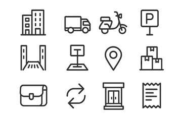 Urban Delivery Icons. Outline icon set of urban delivery services: city buildings, small truck, scooter,